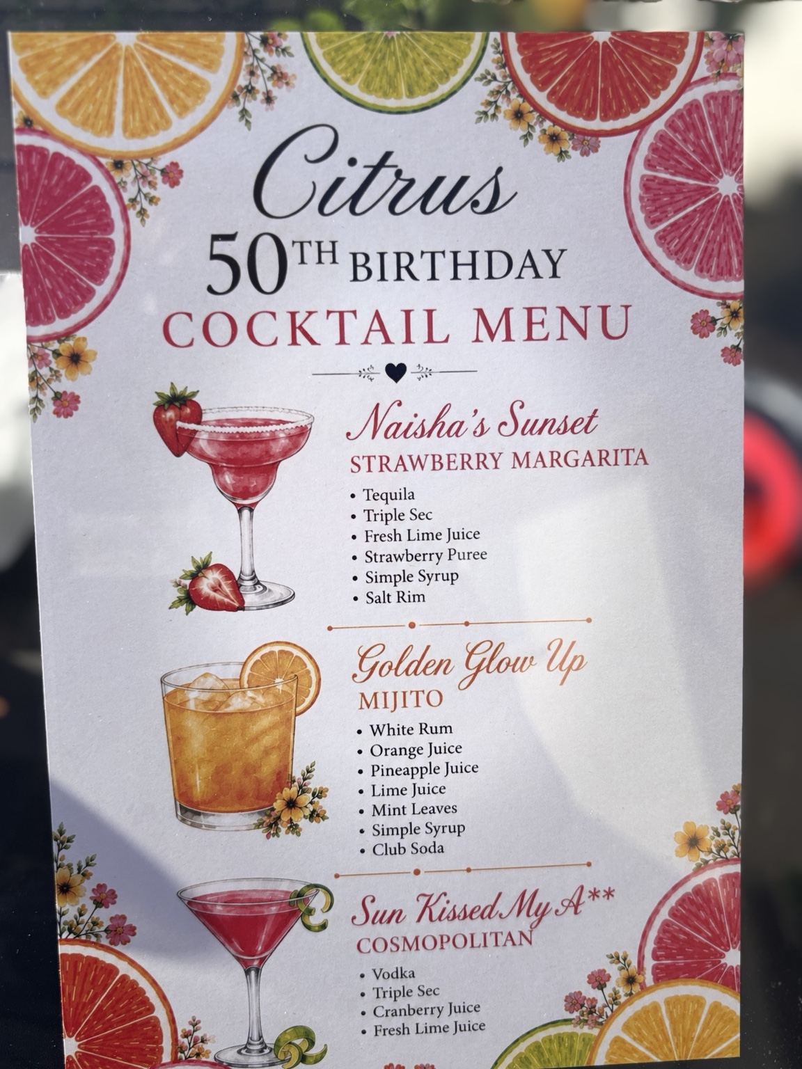 Custom cocktail menu for a 50th birthday party
