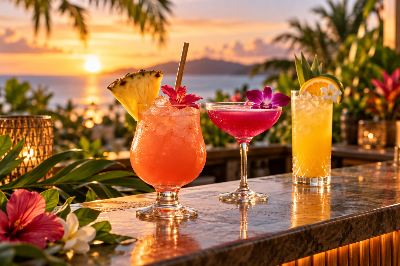 Three colorful tropical cocktails at sunset